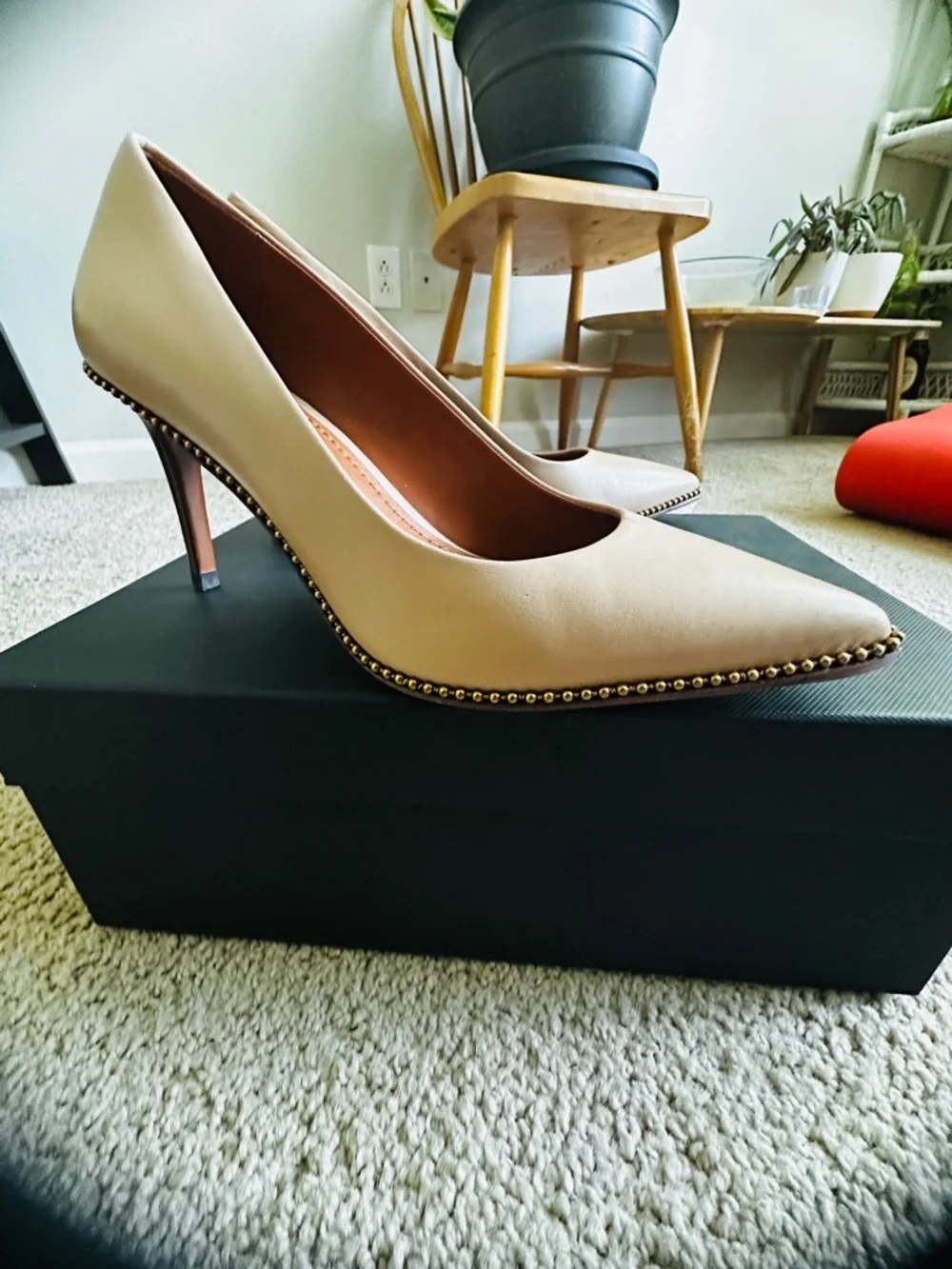 Coach Blush Nude Pointed-Toe Leather Pumps with Gold Accent - Picture 2 of 3